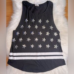 Pink by Victoria Secret Black Cutoff Muscle Tank Sequin Stars, Stripes XS